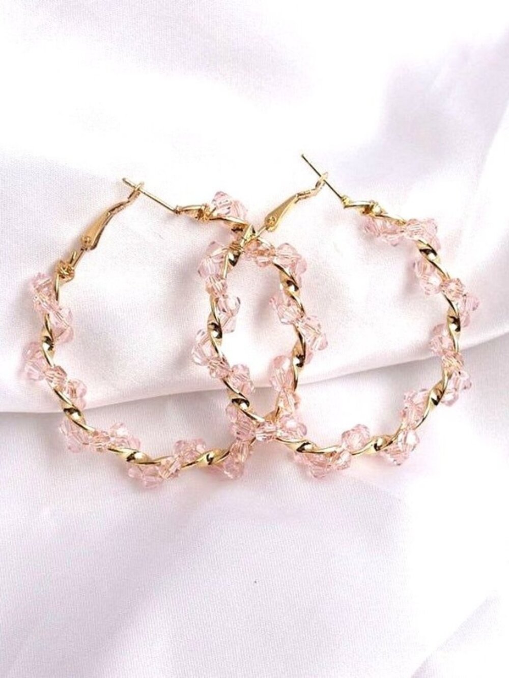 Anastasia Sweet Gold Twist Beaded Hoop Earrings Soft Pink Gift Packaged